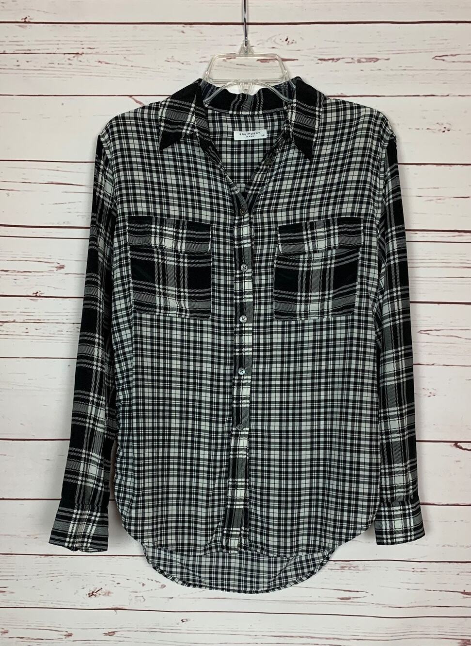 Equipment Women's S Small Black White Plaid 100% Silk Button Long Sleeve Top